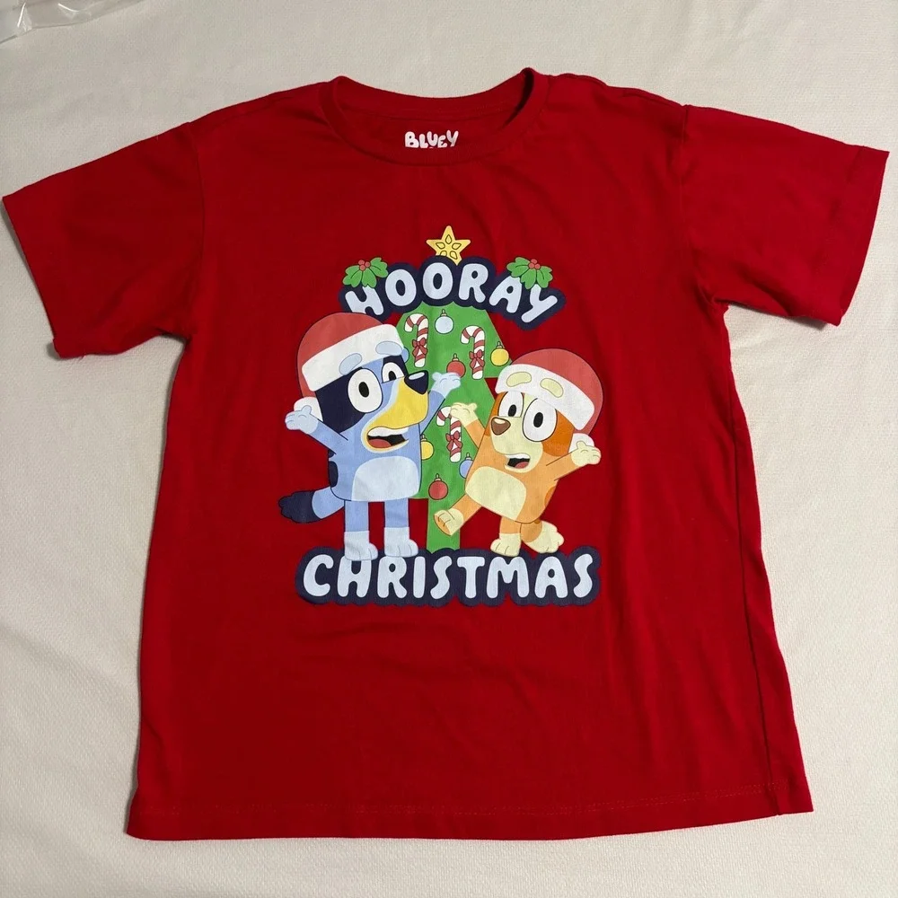 Bluey Kids T-Shirts Size 7/8 Lot of 2 Cartoon Graphic Tee Short Sleeve Christmas
